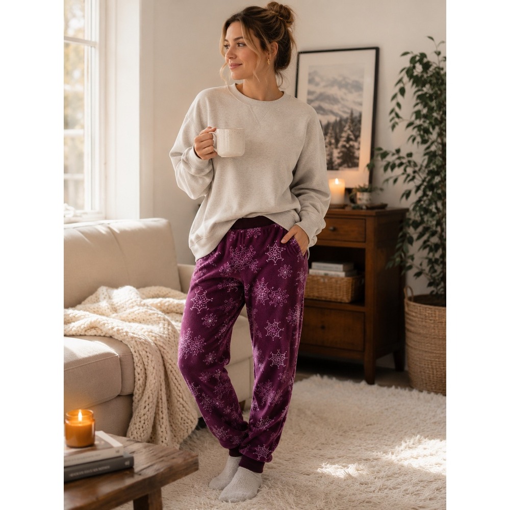 Covington Plum Snowflake Fleece Pajama Pants Ribbed Cuffs Sleepwear Loungewear